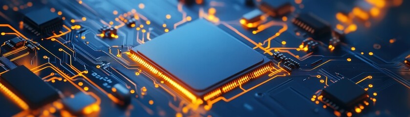 Wall Mural - Close-Up of a Modern Microchip on a Circuit Board with Glowing Orange and Blue Lights