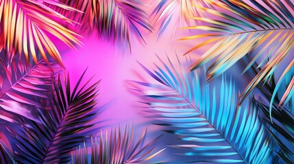 Wall Mural - Palm leaves with a vibrant, neon glow.