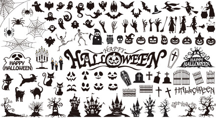 Big Collection of Halloween vector black silhouettes. Hand draw haunted house, creepy tree, crow, skeleton, pumpkins, Halloween ghost, flying witch, zombie, owl, tombstone fence, witch's broom, coffin