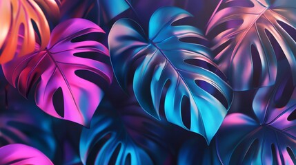 Wall Mural - Tropical leaves with vibrant iridescent colors.