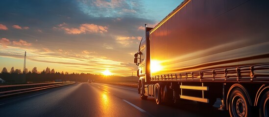 Wall Mural - Sunset Highway Journey: Cargo Truck Driving on Open Road with Scenic Sunset Sky in Background