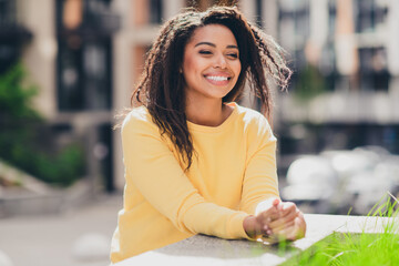 Canvas Print - Portrait of positive cheerful lovely girl wear yellow stylish clothes walk city autumn day outdoors