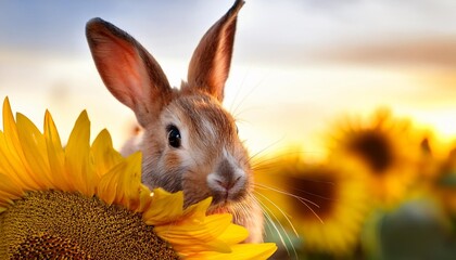 Rabbit's Whimsy A playful rabbit peeking from a sunflower.