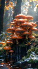 Sticker - Enchanted Forest: A Cluster of Mushrooms by a Tranquil Stream