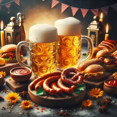 oktoberfest beer, sausages, and pretzel. 3d illustration.