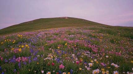 Wall Mural - A vast field of wildflowers blooms at dusk, with a rolling hill in the background.