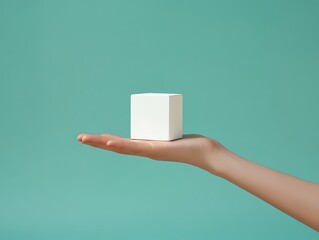 Hand holding white cube against turquoise background