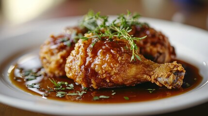 Crispy Fried Chicken Delight - Close-up of Savory Chicken Piece with Sauce and Herbs on Plate for Ad Poster Design