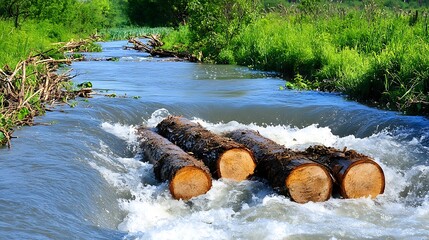 Logs Floating in a River Stream