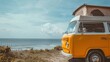 © uros - On a summer trip to the beach, a vintage camper van or an old combi takes travelers on a journey by the sea, vacation or holiday experience with adventure, freedom, tourism and the beauty of nature