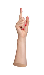 hand with the forefinger extended, pointing upward in a gesture to indicate. Red-nailed finger used for showing or advertising, isolated on white background