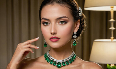 A woman with elegant makeup and a simple hairstyle poses with a dazzling emerald necklace and earrings