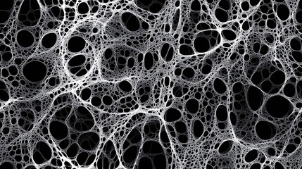 This image features an abstract black and white network of interconnected circles, suggesting complex connections and structure.