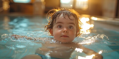 Wall Mural - cute baby swimming in a pool