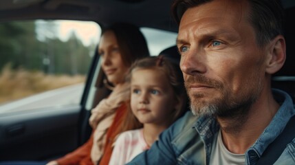 Poster - A man and two children are in a car