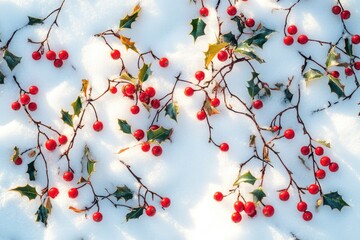 Canvas Print - Red Berries and Holly Branches on Snow