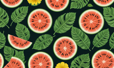 A pattern of watermelon slices and tropical leaves on a black background