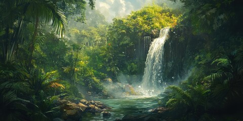 Jungle Waterfall Paradise: Lush greenery embraces a cascading waterfall in a vibrant digital painting, evoking tranquility and the beauty of untouched nature. 