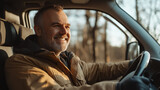 Mężczyzna siedzi za kierownicą swojego samochodu, spoglądając przez przednią szybę z szerokim uśmiechem. 