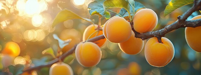 Poster - beautiful ripe apricots on a branch. Selective focus