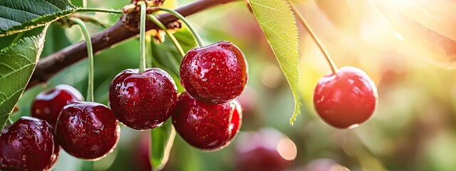 Wall Mural - beautiful ripe cherries on a branch. Selective focus