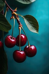 Wall Mural - beautiful ripe cherries on a branch. Selective focus