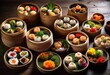 © Yaraslava - vibrant array colorful dim sum dishes displayed bamboo steamer various tasty fillings intricate garnishes, dumpling, food, platter, buffet, assortment