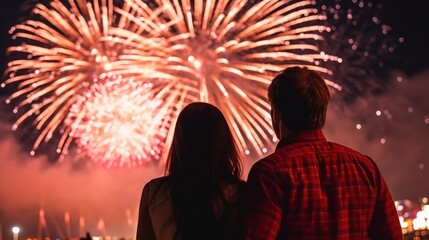 Canvas Print - Silhouettes of Couple Watching Fireworks