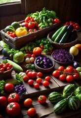 Canvas Print - vibrant spread fresh produce beautifully arranged under natural light showcasing colors textures fruits vegetables, arrangement, aesthetic, bright, crops