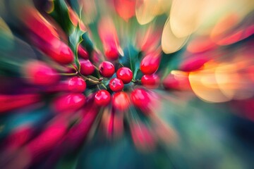 Wall Mural - A Whirlwind of Red Berries on a Green Branch