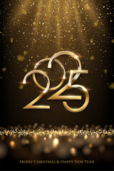 Wall Mural - 2025 Happy New Year greeting card vector background. 2025 gold numbers with falling confetti decoration and glow light effect. Luxury festive sparkle holiday vertical postcard, invitation, banner.