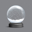 © backup16 - Snow globe template vector illustration. Empty glass snowball with snow and snowflakes on gray base with empty space for lettering. Christmas and New Year design element on transparent background.