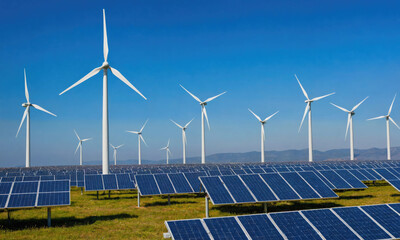 Wind turbines and solar panels generate clean energy in a field on a clear day