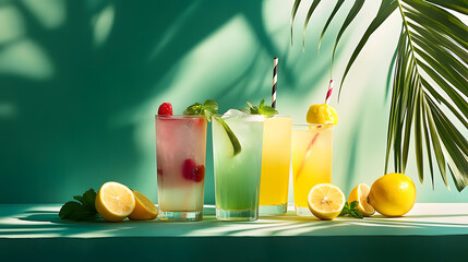 Various lemonade drink over green background white table with sunlight and palm leaf hard shadow summer tropical and juicy concept