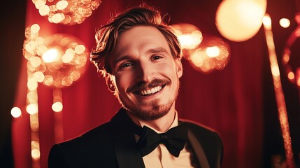 A smiling man in a tuxedo at a festive event, adorned with sparkling lights and a joyful atmosphere that captures celebration.