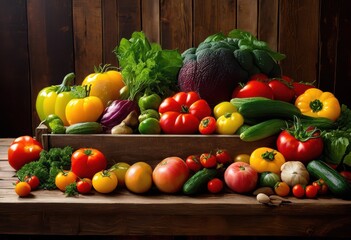 Canvas Print - vibrant colorful farm fresh produce arranged beautifully clean rustic wooden table showcasing natural textures rich colors, beet, carrot, cucumber, tomato