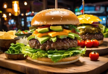 Wall Mural - deliciously stacked mouthwatering burgers fresh ingredients tantalizing toppings culinary delight, cheese, lettuce, tomato, onion, pickles, sauce, patty