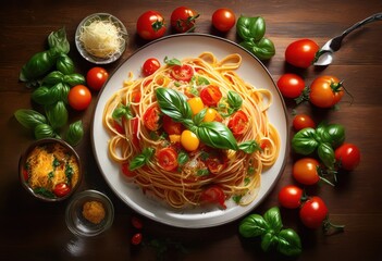 Wall Mural - colorful plate spaghetti generously topped fresh ingredients like bell cheese gourmet presentation, tomatoes, basil, peppers, pasta, dish, vegetable, herb