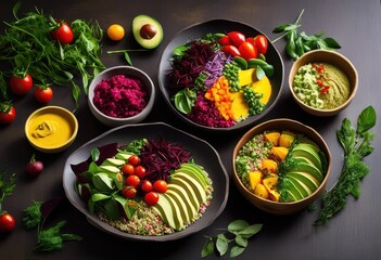 Wall Mural - vibrant plant based dishes displayed colorful textured backgrounds visually stunning culinary presentation, vegetable, fruit, arrangement, brightness