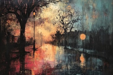 Canvas Print - Abstract Urban Landscape with Streetlights and Reflections