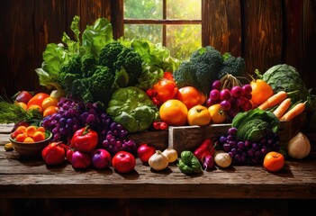 vibrant assortment farm fresh produce displayed rustic wooden tabletop rich colors varied textures, abundant, artisan, arrangement, beautiful, bountiful