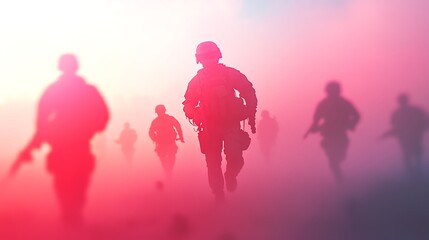 Silhouetted soldiers charging through colorful smoke, capturing the essence of determination and courage in a dynamic military scene.