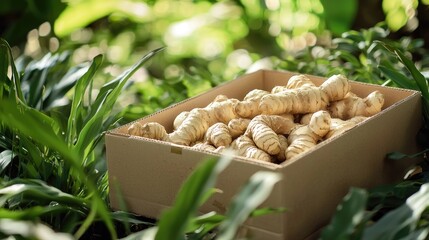 Wall Mural - ginger in a wooden box. Selective focus