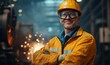 © Reeta - Smiling Heavy Industry Engineer in Safety Uniform at Industrial Factory with Welding Sparks, Wearing Goggles and Hard Hat, Confident Presentation of Professional Skills and Safety, Generative AI