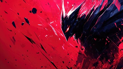 Wall Mural - Abstract dark creature emerging from vibrant red backdrop