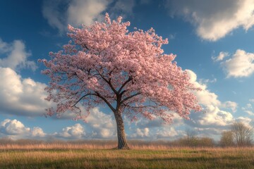 Poster - Blooming cherry blossom tree in spring field