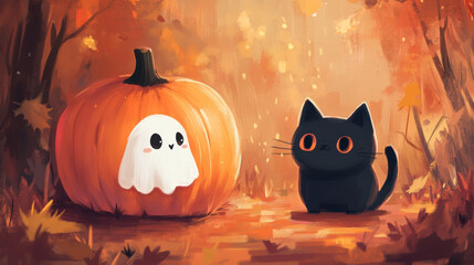 A cute pumpkin dressed as a cat and a ghost for Halloween. This fun cartoon character is perfect for a greeting card.