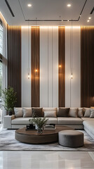 Wall Mural - A large living room with a white wall and a wooden wall panel