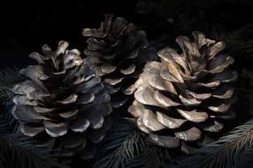 Wall Mural - Three Pine Cones with Dark Background and Pine Needles