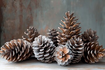 Wall Mural - Group of Brown Pine Cones with One with White Powder on a Light Background